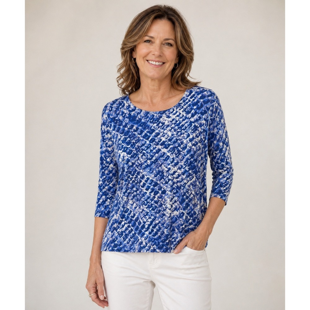 Leggiadro Womens XL Blue White Abstract 3/4 Sleeve Nautical Luxury Summer USA